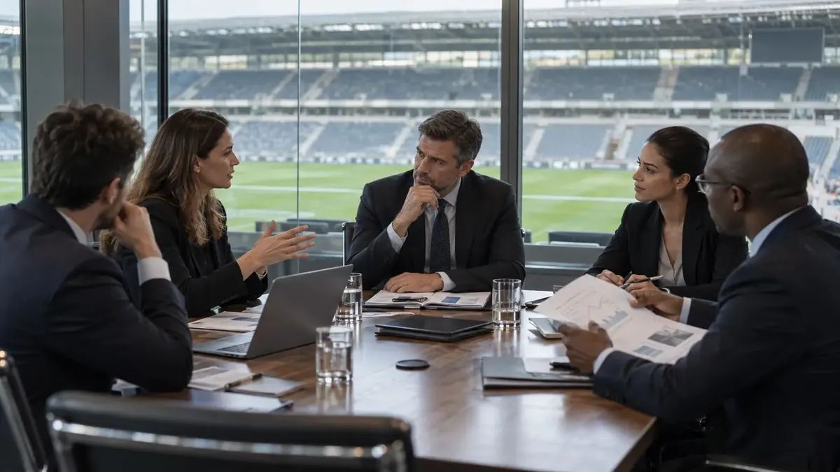 Reunião de investidores em uma sala com vista para o gramado de um estádio